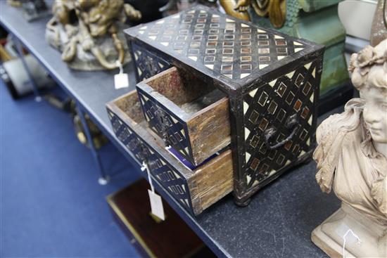 An 18th century Indo-Portuguese ebony, tortoiseshell and bone inlaid table top chest, 14.5in.